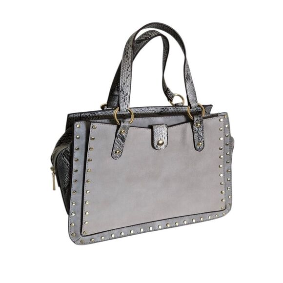 None Handbags - Gray Studded Tote Handbag Snake Print Gold Trim Structured Satchel Purse